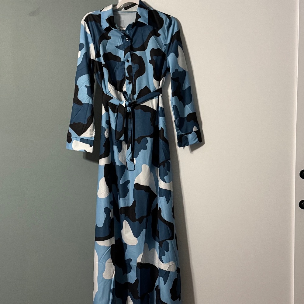 Button-Front Maxi Shirt Dress in Blue Camo